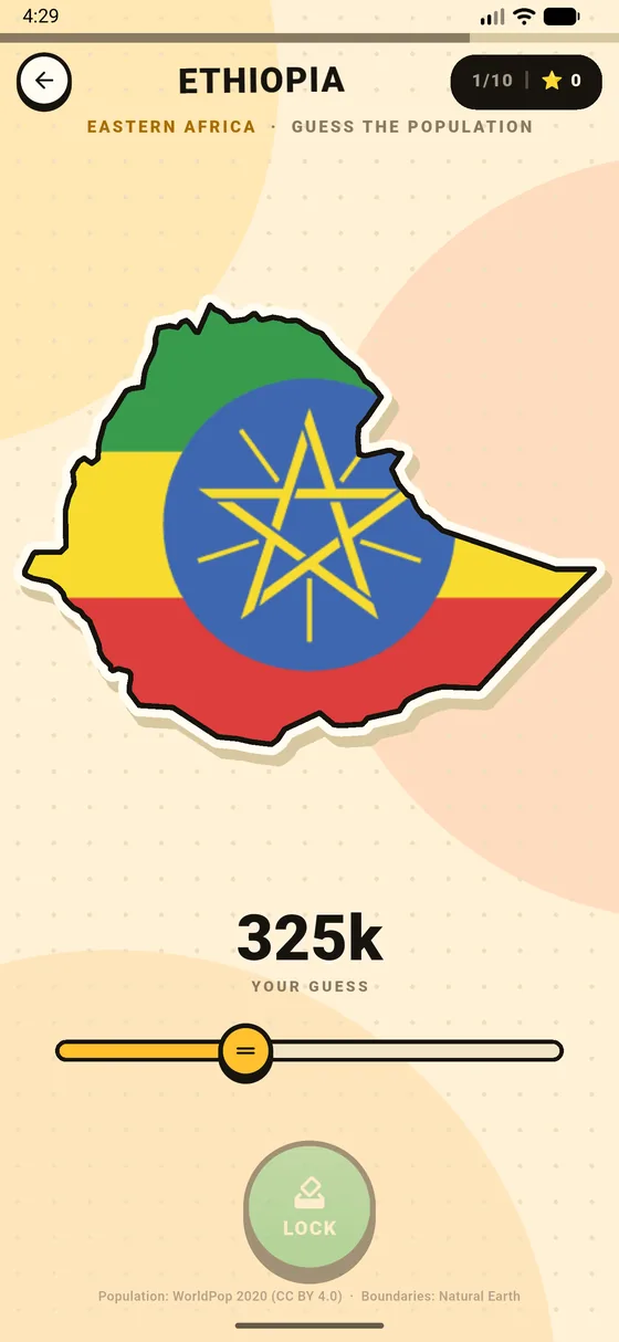 Ethiopia, filled with its flag, above a slider reading 325k and a LOCK button.