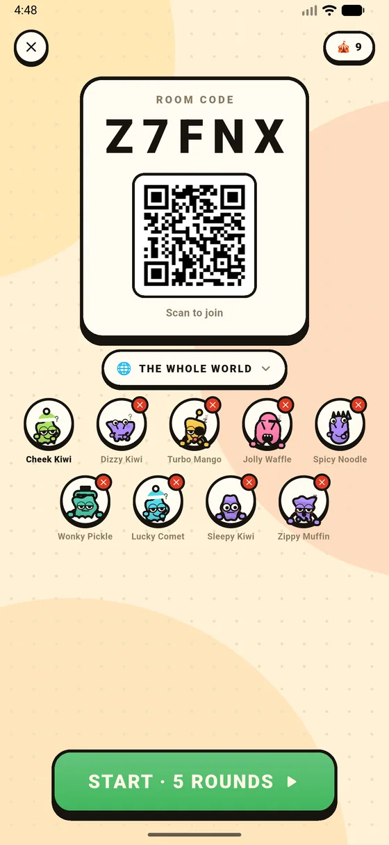 A Mapcade lobby: room code Z7FNX, a QR code, and nine players with monster avatars waiting to start.