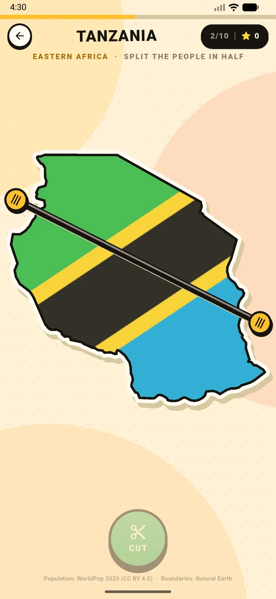 Tanzania, filled with its flag, with a draggable line across it and a CUT button.